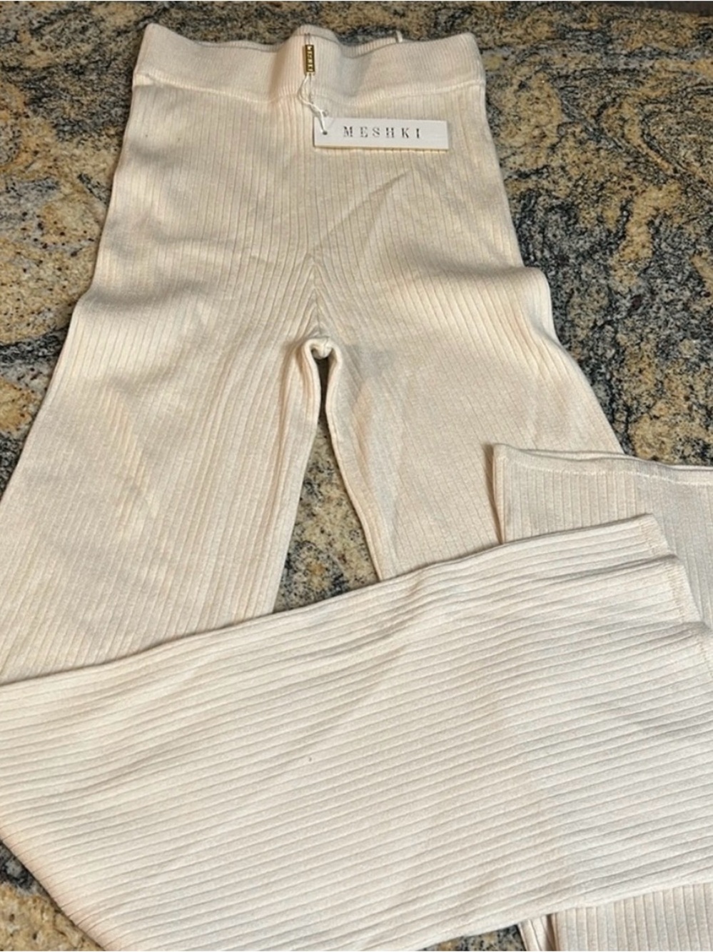 Meshki Cream White Ribbed High-Rise Knit Pants